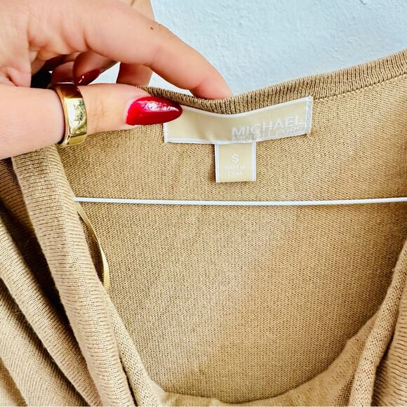 MK MICHAEL KORS Cream Tan Brown Leather Buckle Belt Cowl Neck Sweater Dress S - Picture 7 of 13